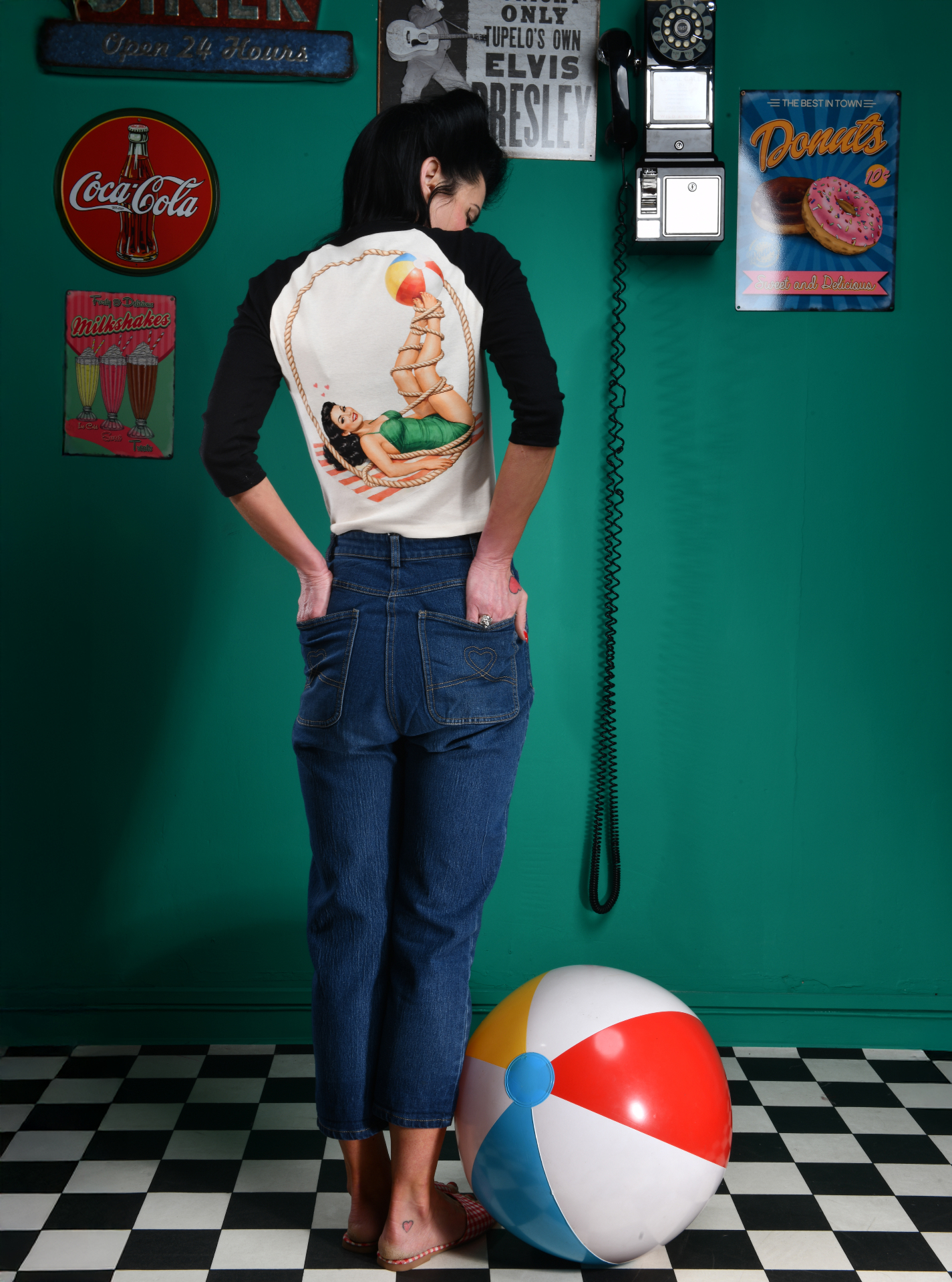Beach ball pinup raglan tee with denim