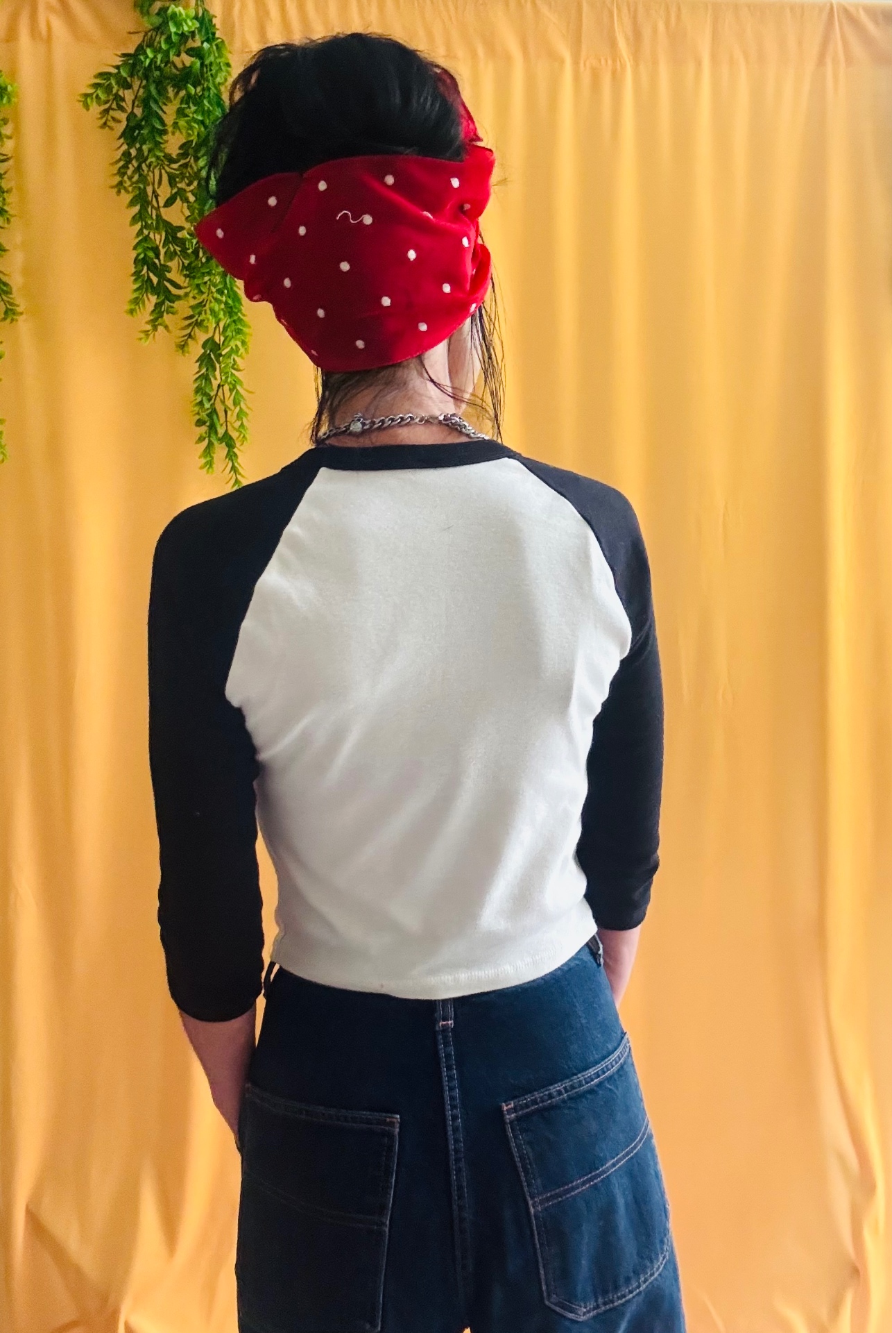 Retro Sweetheart raglan tee back with plain yellow backdrop