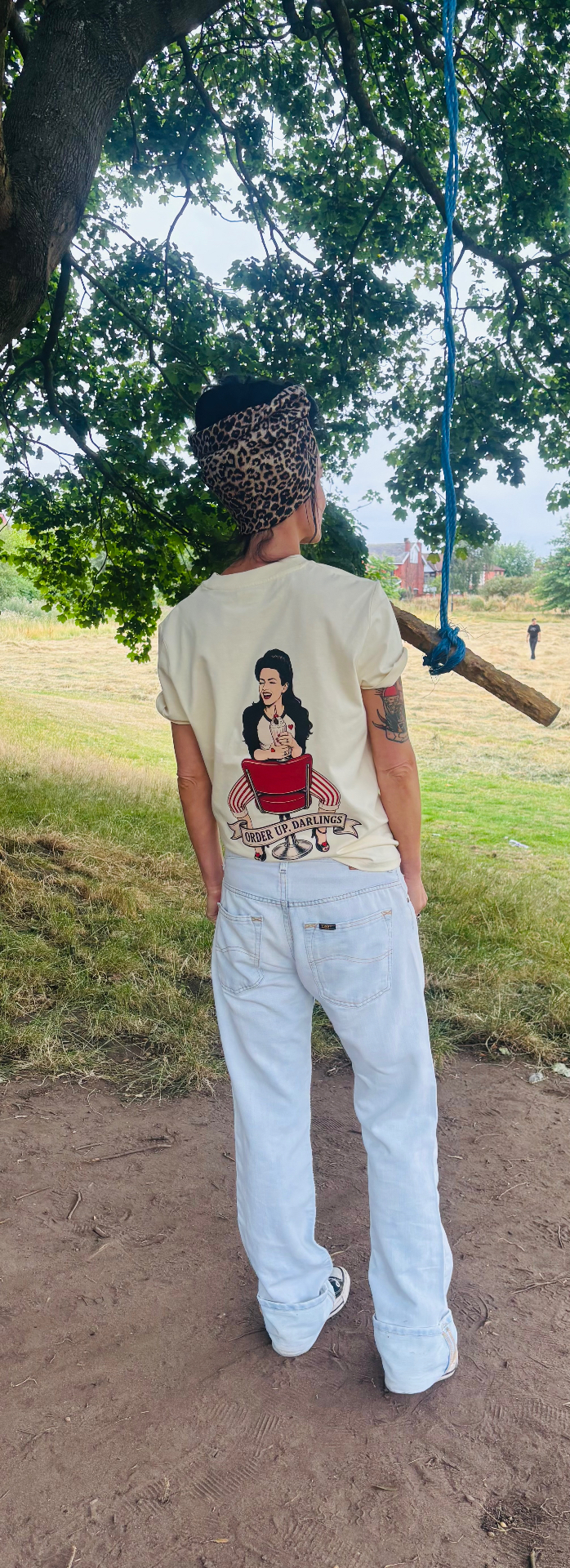 Order Up Darlings tee back with diner pin-up artwork
