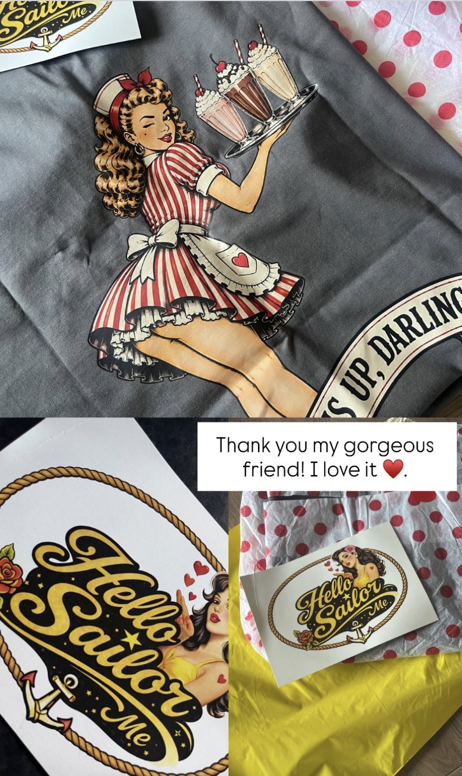 A happy customer wearing a grey vintage-style pin-up waitress Hello Sailor Me tee, with a Hello Sailor Me sticker and red polka-dot packaging